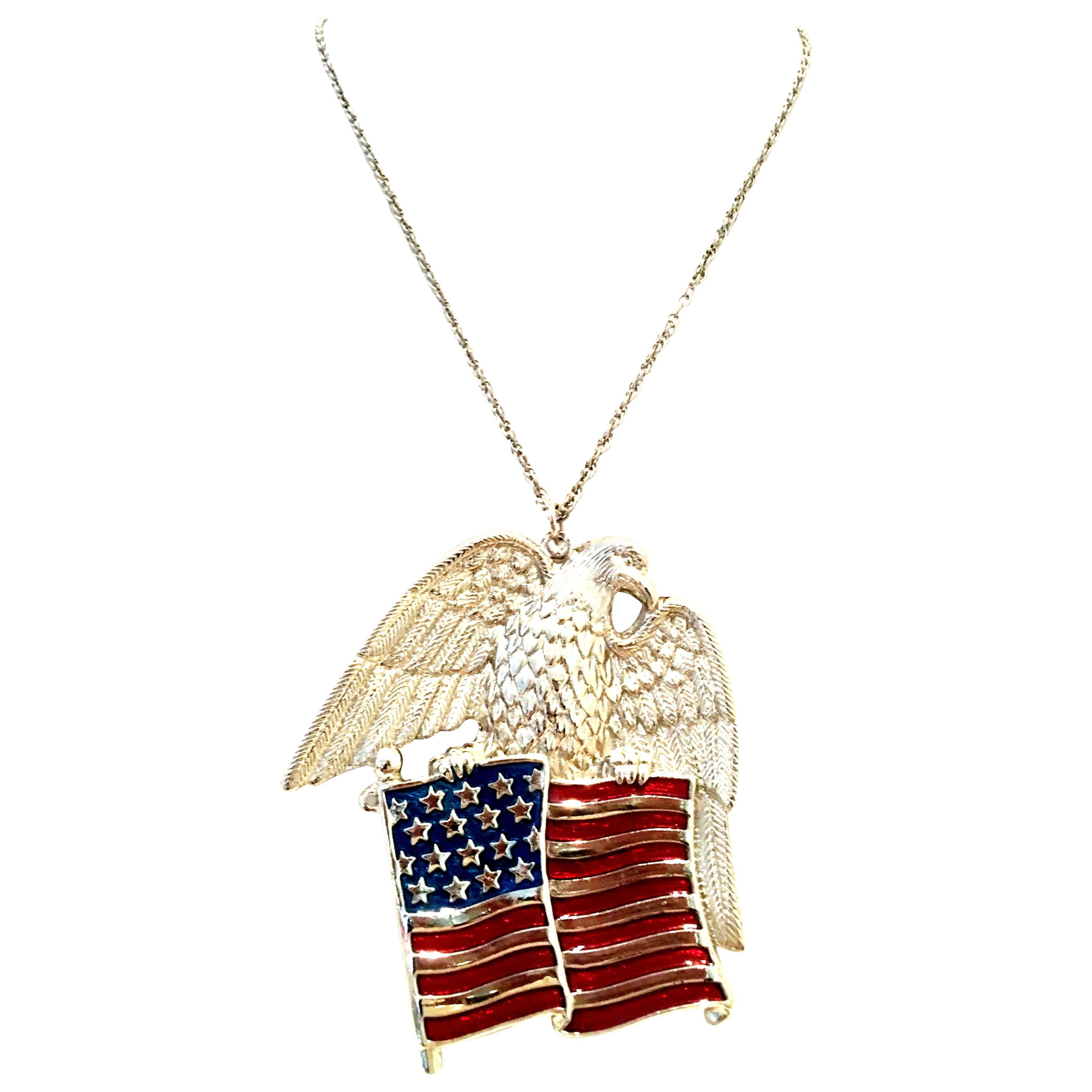 20th Century Silver Plate And Enamel Monumental Patriotic Eagle & American Flag Pendant Necklace By, Gorham. This fantastic dimensional, timeless and modern piece features a silver plate rhodium link necklace with a two sided substantial heavy