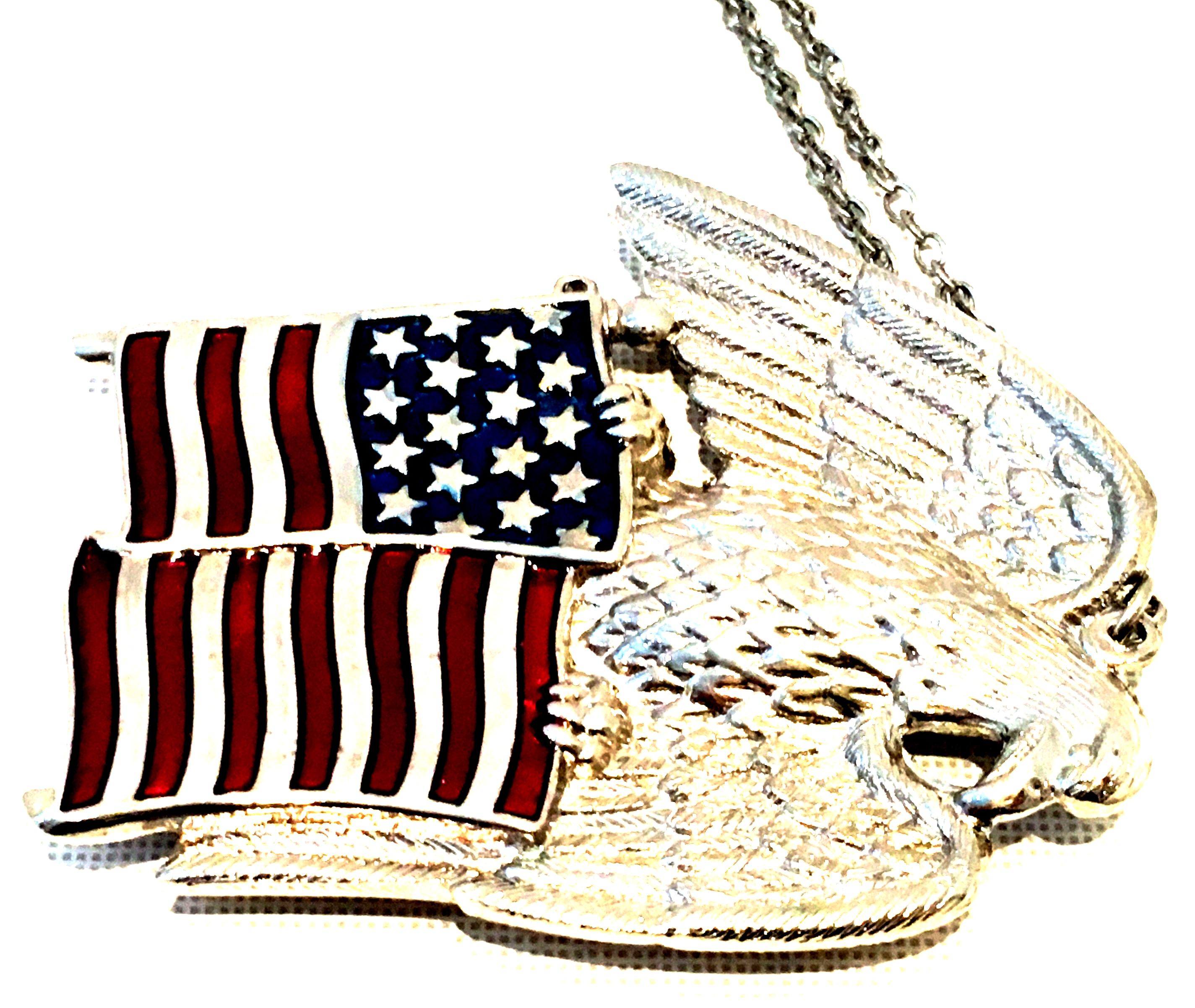 Women's or Men's 20th Century Silver & Enamel Patriotic Flag & Eagle Pendant Necklace By, Gorham For Sale