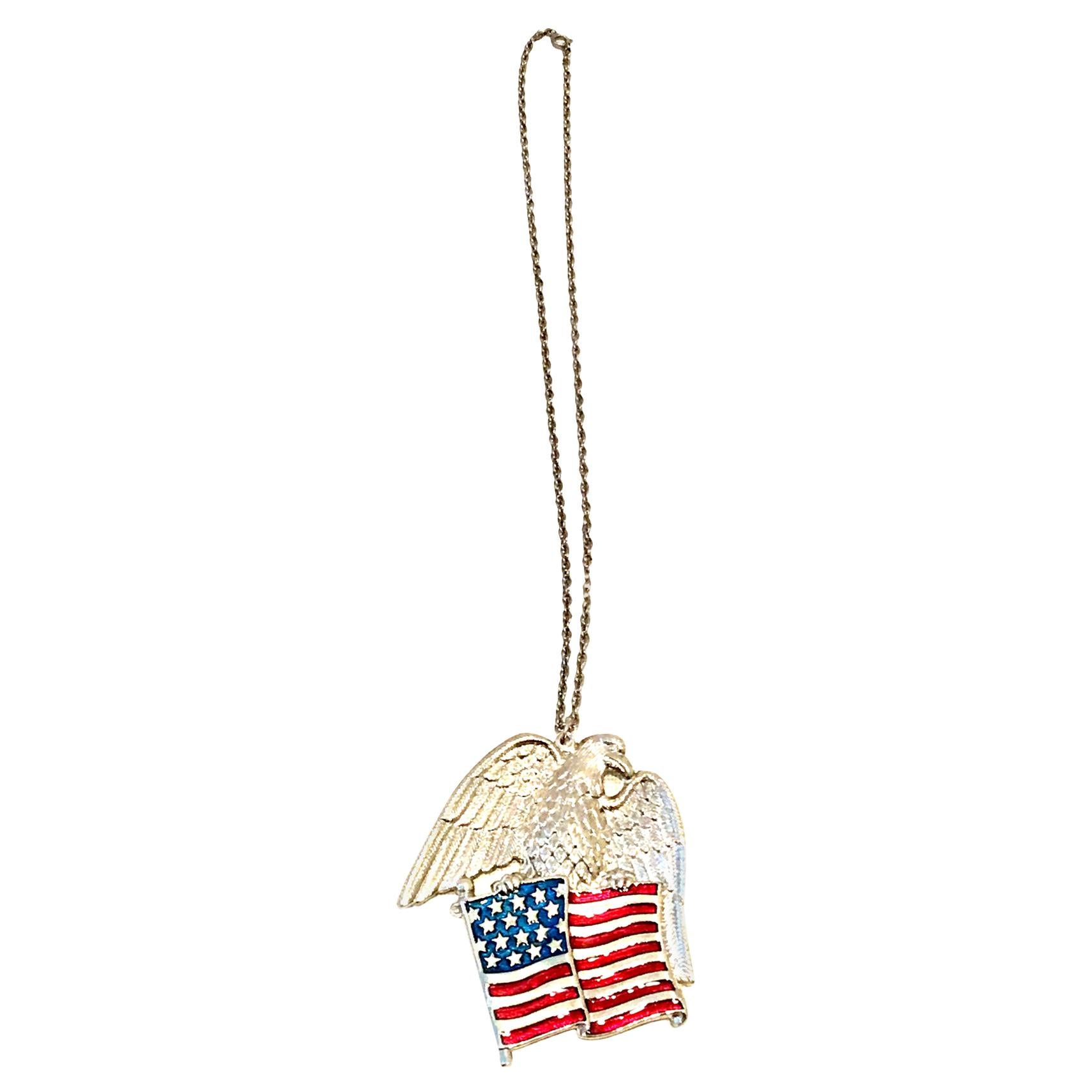 20th Century Silver & Enamel Patriotic Flag & Eagle Pendant Necklace By, Gorham For Sale