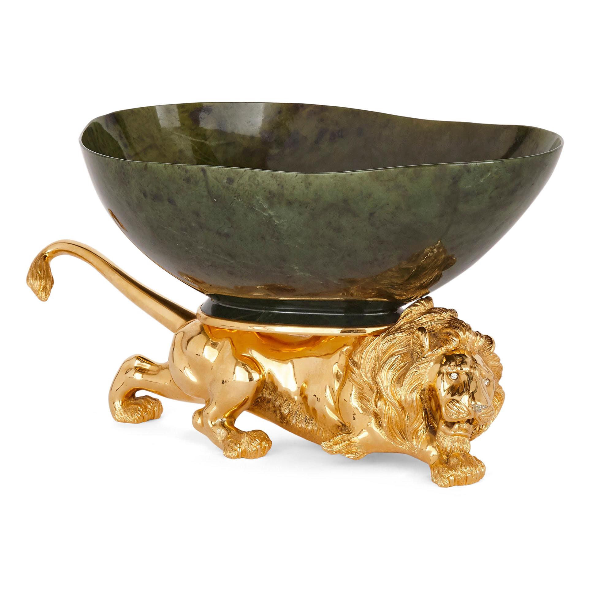 20th century silver-gilt and nephrite crouching lion decorative bowl
Continental, c. 1970s
Dimensions: Height 22cm, width 42cm, depth 24cm

Beautifully crafted from nephrite, sterling silver-gilt, and white diamonds, this 1970s centrepiece bowl