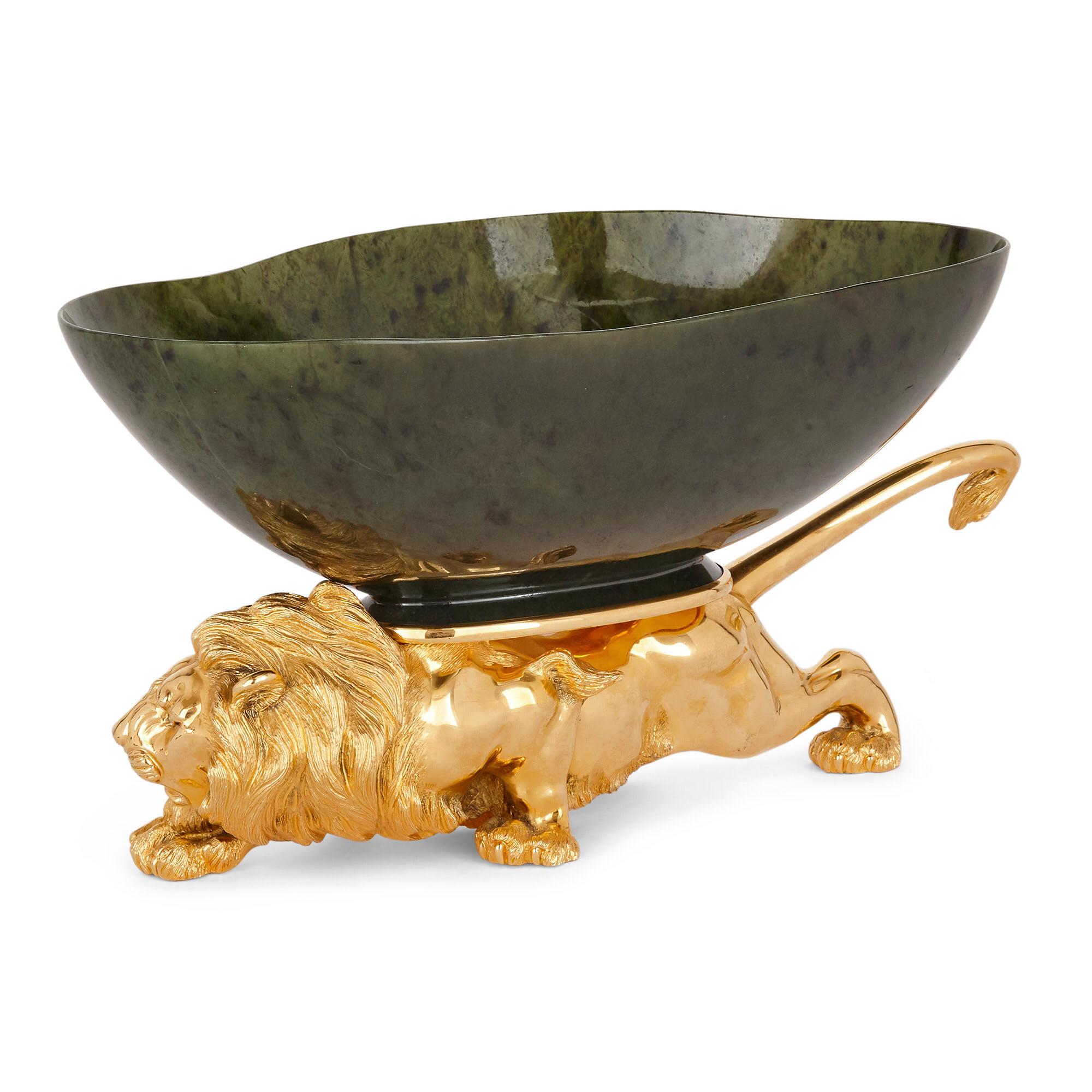 European 20th Century Silver-Gilt and Nephrite Crouching Lion Decorative Bowl For Sale