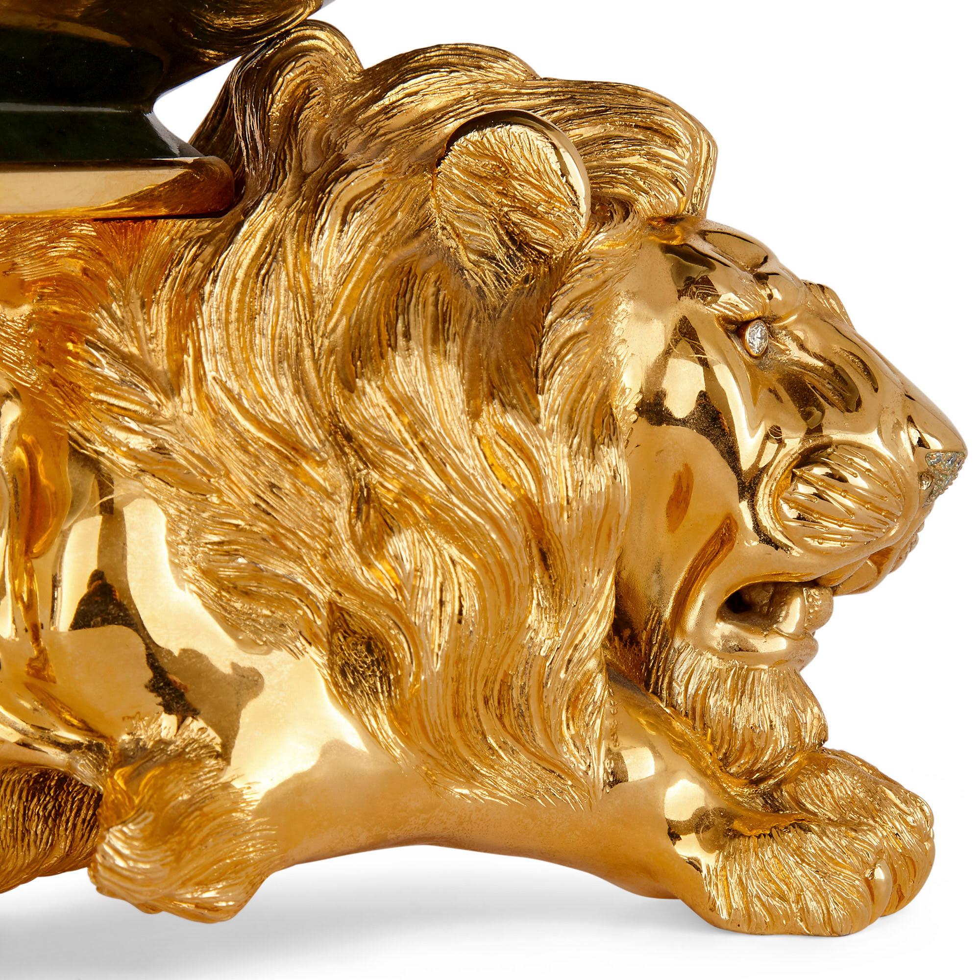 20th Century Silver-Gilt and Nephrite Crouching Lion Decorative Bowl For Sale 1