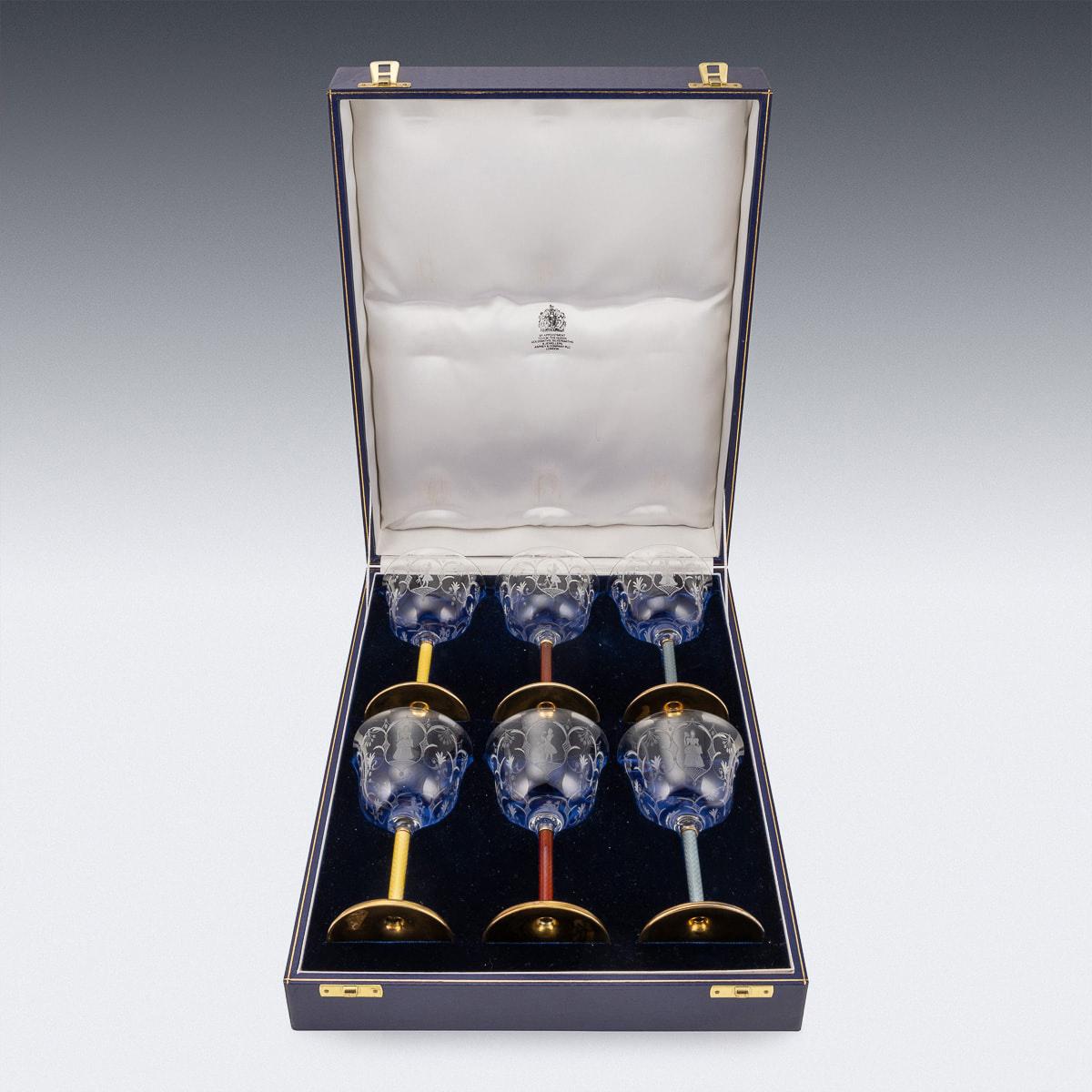 Stunning late-20th century solid silver set of 6 wine goblets, magnificent size and quality, of traditional form, the stems applied with multi-coloured quilloche enamel and richly gilt, the tops mounted with beautifully engraved glass bowls, comes