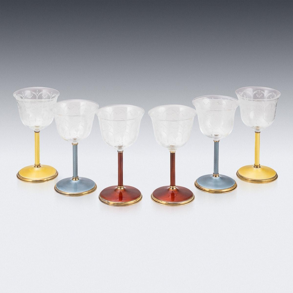 British 20th Century Silver Gilt, Enamel & Glass 6 Wine Goblets, Asprey, C.1970