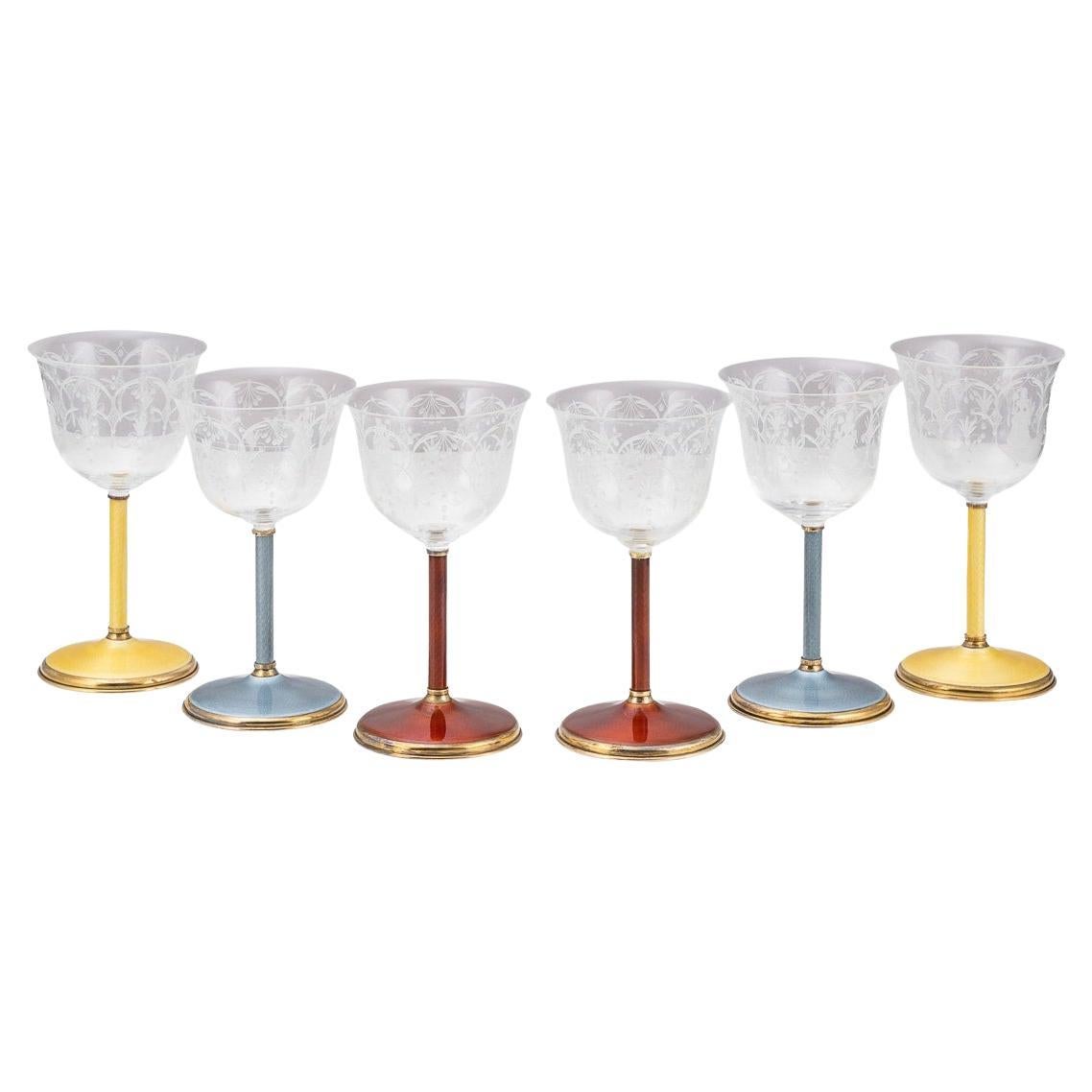 20th Century Silver Gilt, Enamel & Glass 6 Wine Goblets, Asprey, C.1970