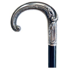 20th Century Silver Handle Walking Cane Made in Portugal with Hallmarks