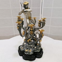 20th Century Silver Italian Candelabra Hercules & Hidra on wood base