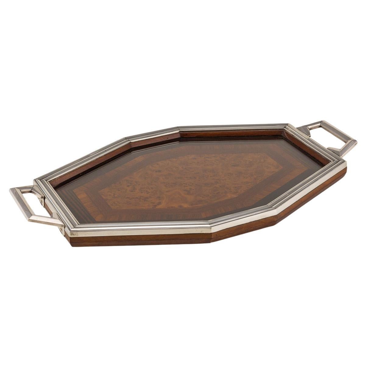 20th Century Silver & Marquetry Tray, circa 1930 For Sale
