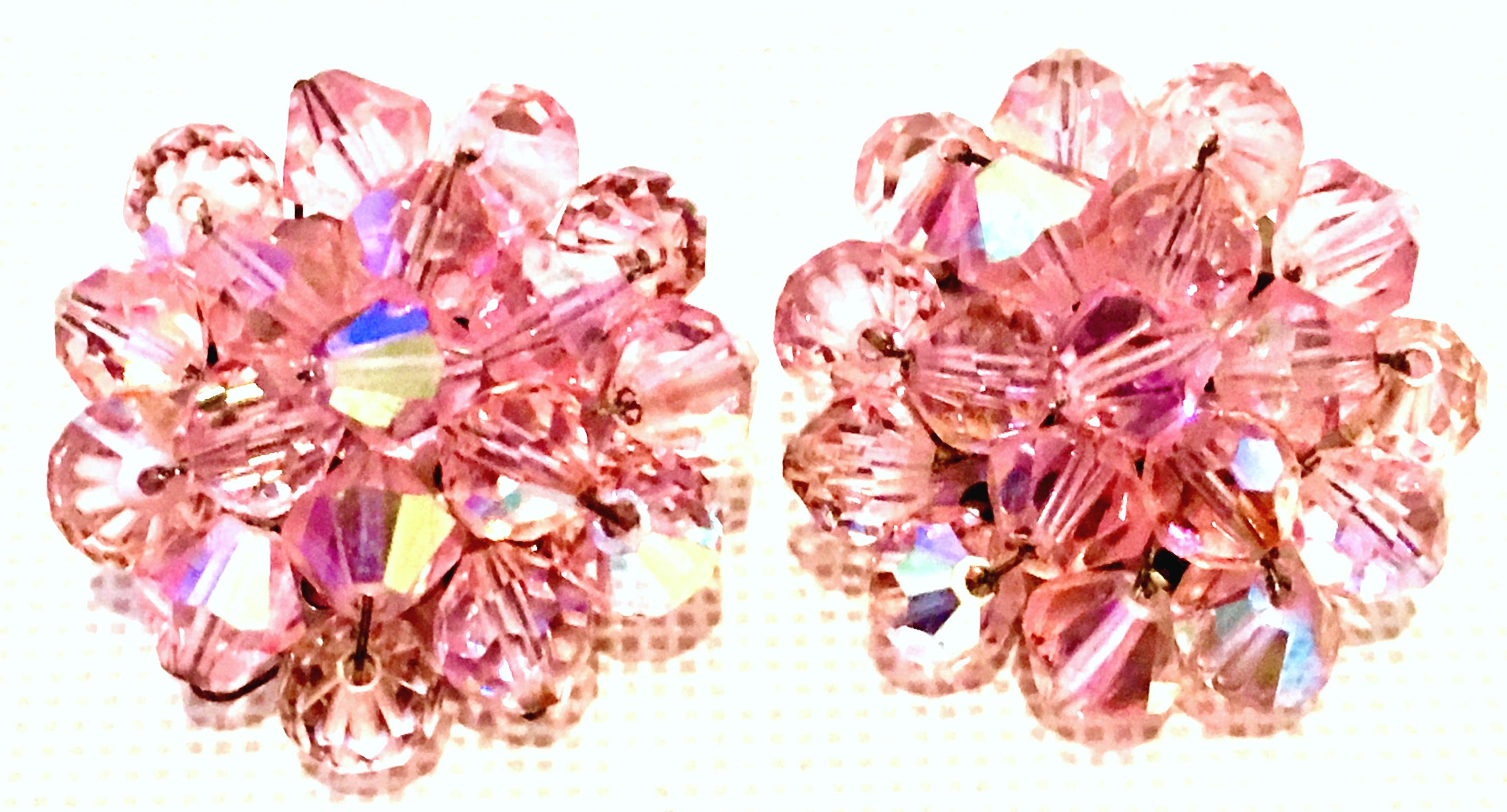 Mid-20th Century Silver & Pink Cut and Faceted Glass Bead Earrings.