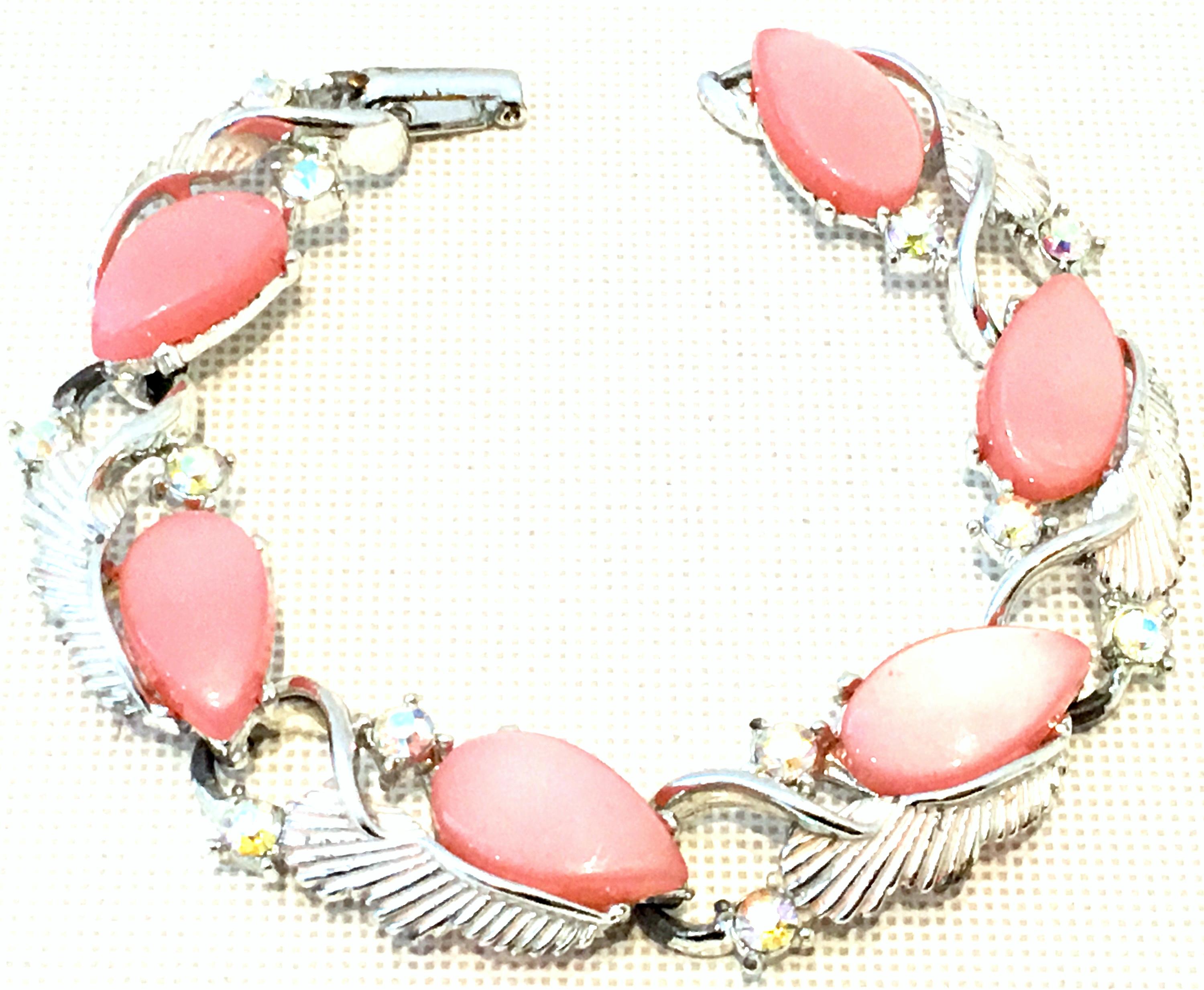20th Century Silver, Pink Lucite & Austrian Crystal Link Bracelet By, Coro In Good Condition For Sale In West Palm Beach, FL