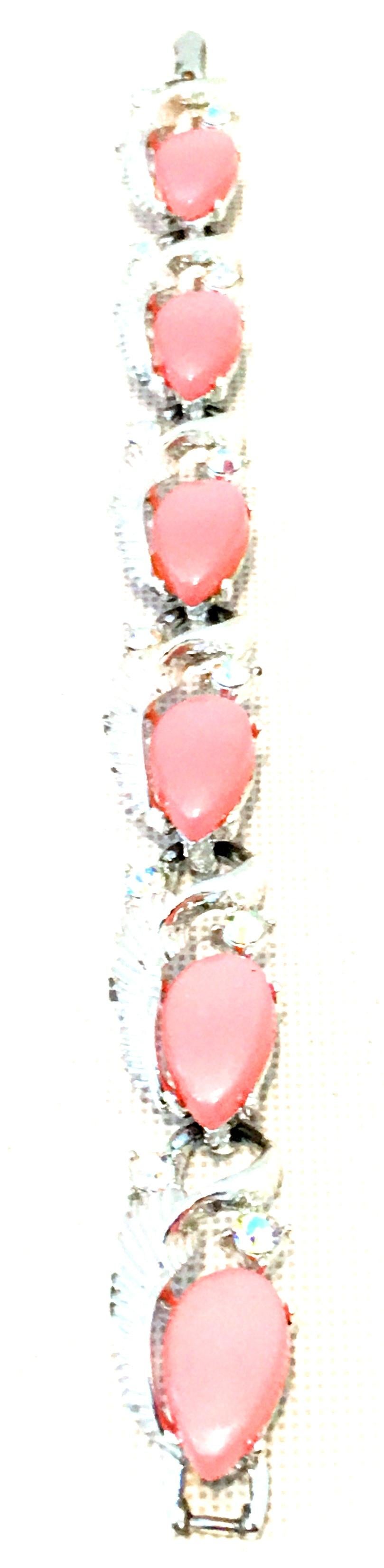 Women's or Men's 20th Century Silver, Pink Lucite & Austrian Crystal Link Bracelet By, Coro For Sale