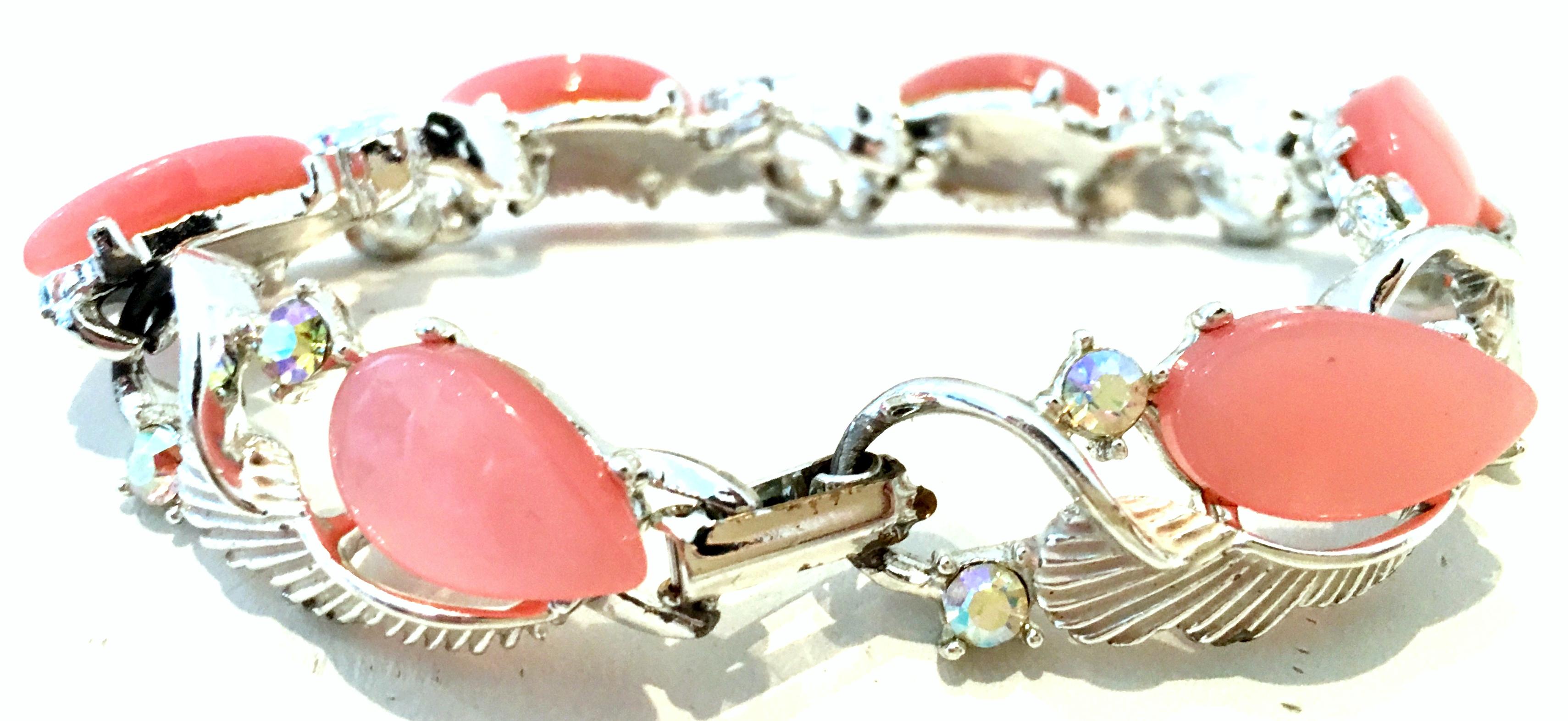 20th Century Silver, Pink Lucite & Austrian Crystal Link Bracelet By, Coro For Sale 1