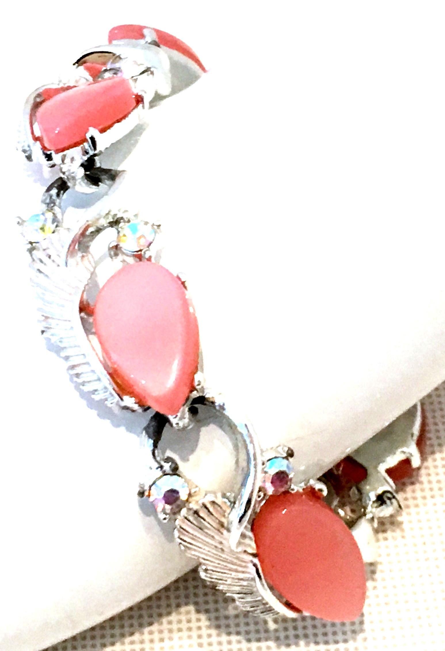 20th Century Silver, Pink Lucite & Austrian Crystal Link Bracelet By, Coro For Sale 2