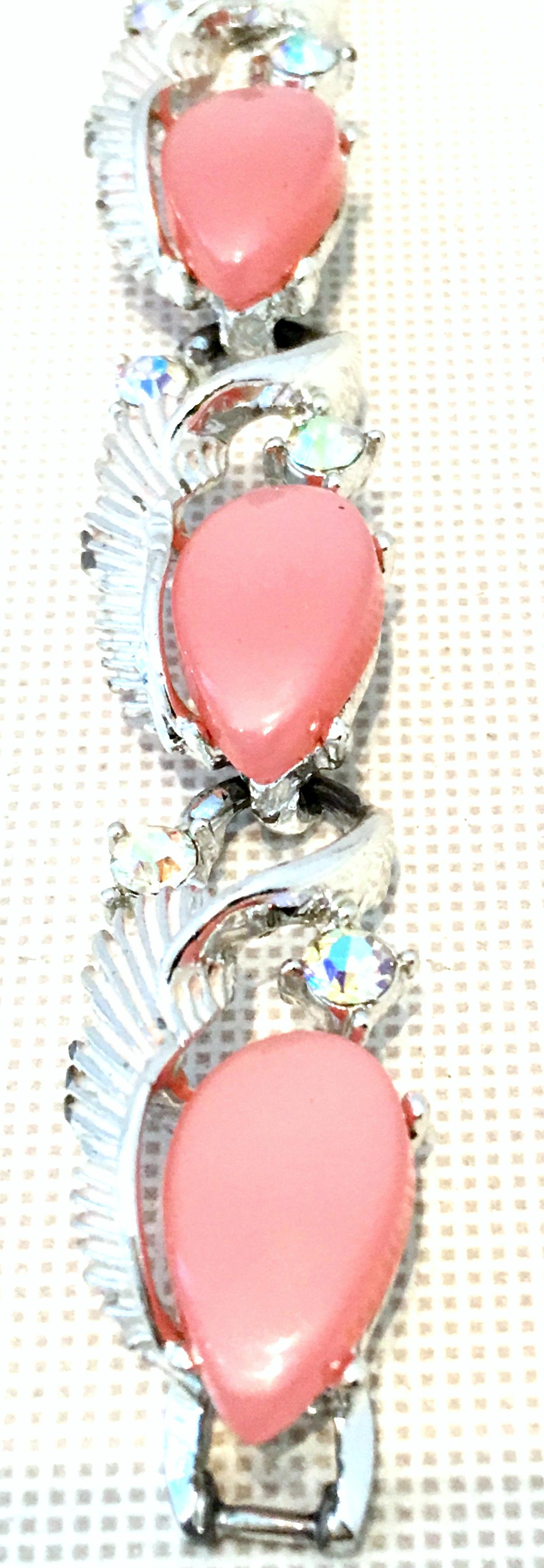 20th Century Silver, Pink Lucite & Austrian Crystal Link Bracelet By, Coro For Sale 3