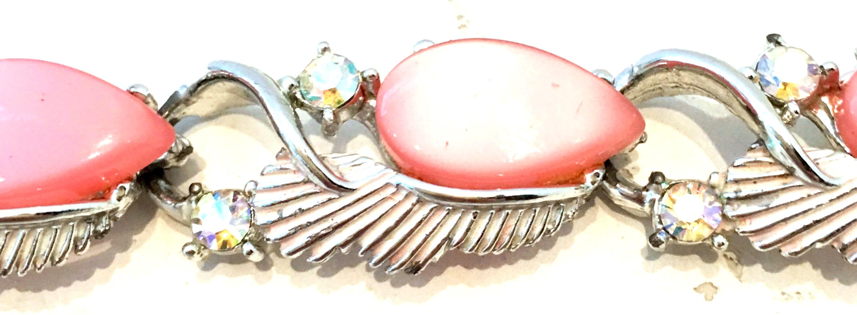 20th Century Silver, Pink Lucite & Austrian Crystal Link Bracelet By, Coro For Sale 4