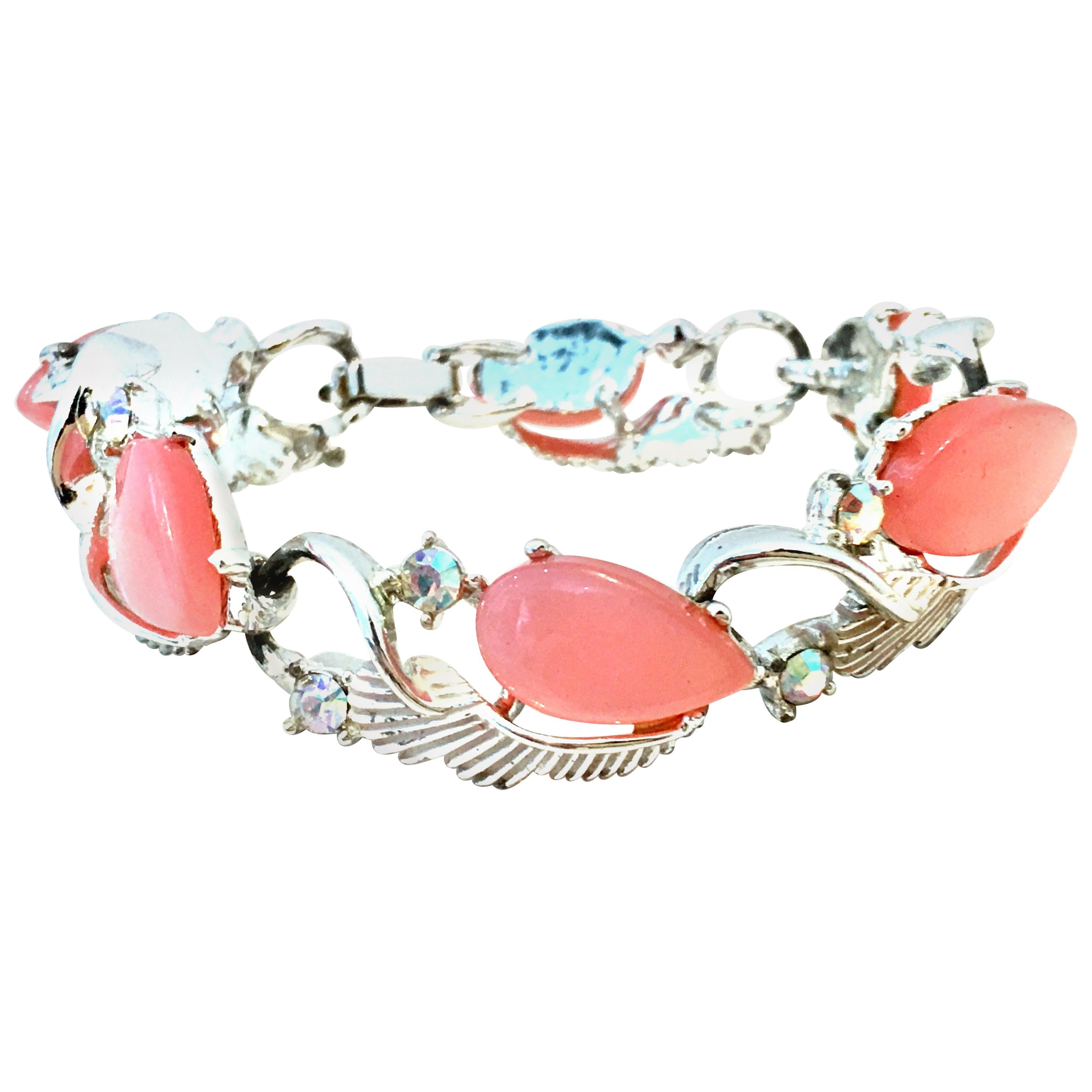 20th Century Silver, Pink Lucite & Austrian Crystal Link Bracelet By, Coro For Sale