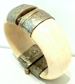 20th Century Silver Plate & Bone Hinge Bangle Bracelet