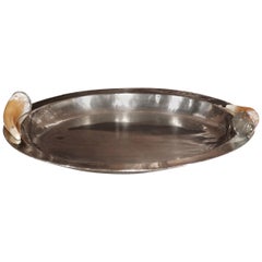 20th Century Silver Plated Display Bowl with Bovine Horn Handles