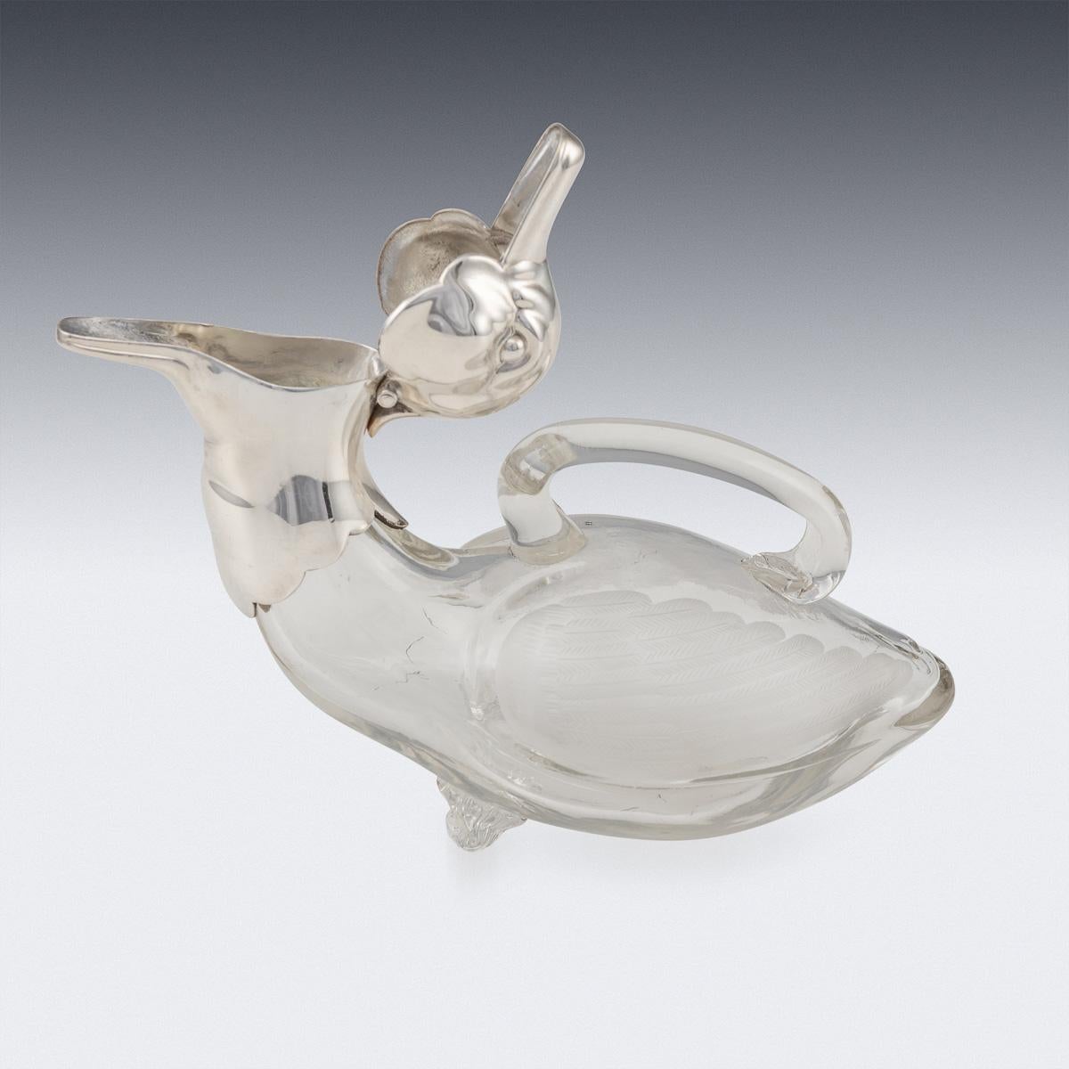 20th Century Silver Plated & Glass Duck Shaped Claret Jug, c.1960 In Good Condition For Sale In Royal Tunbridge Wells, Kent