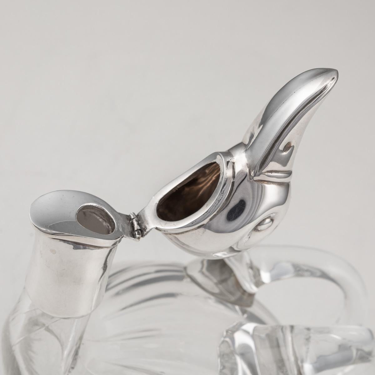 20th Century Silver Plated & Glass Duck Shaped Claret Jug, c.1960 2