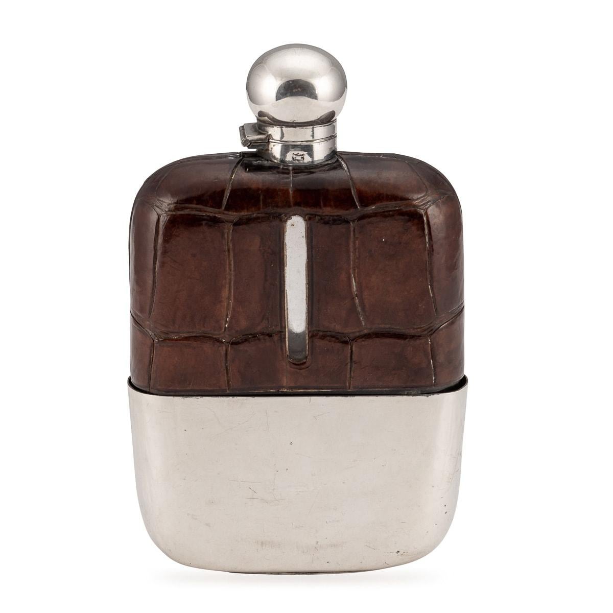 British 20th Century Silver Plated & Leather Hip Flask, James Dixon & Sons, c.1900 For Sale
