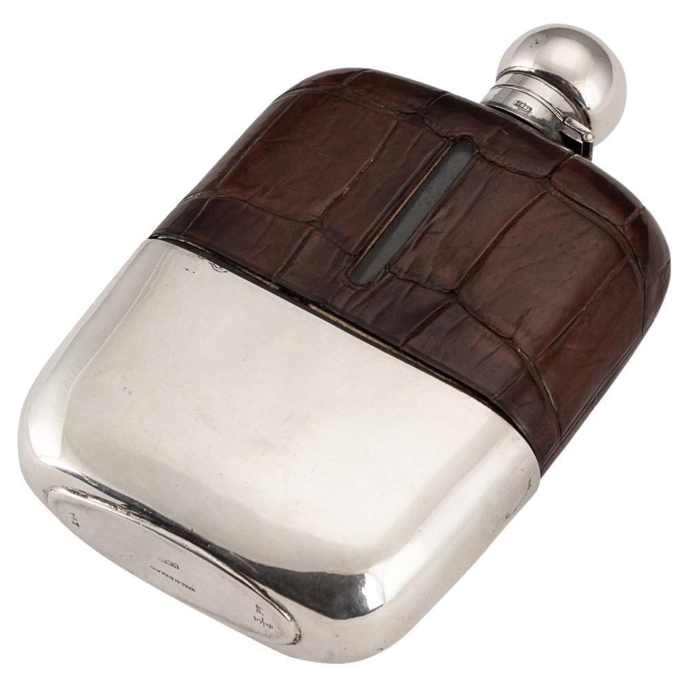 20th Century Silver Plated & Leather Hip Flask, James Dixon & Sons, c.1900 For Sale