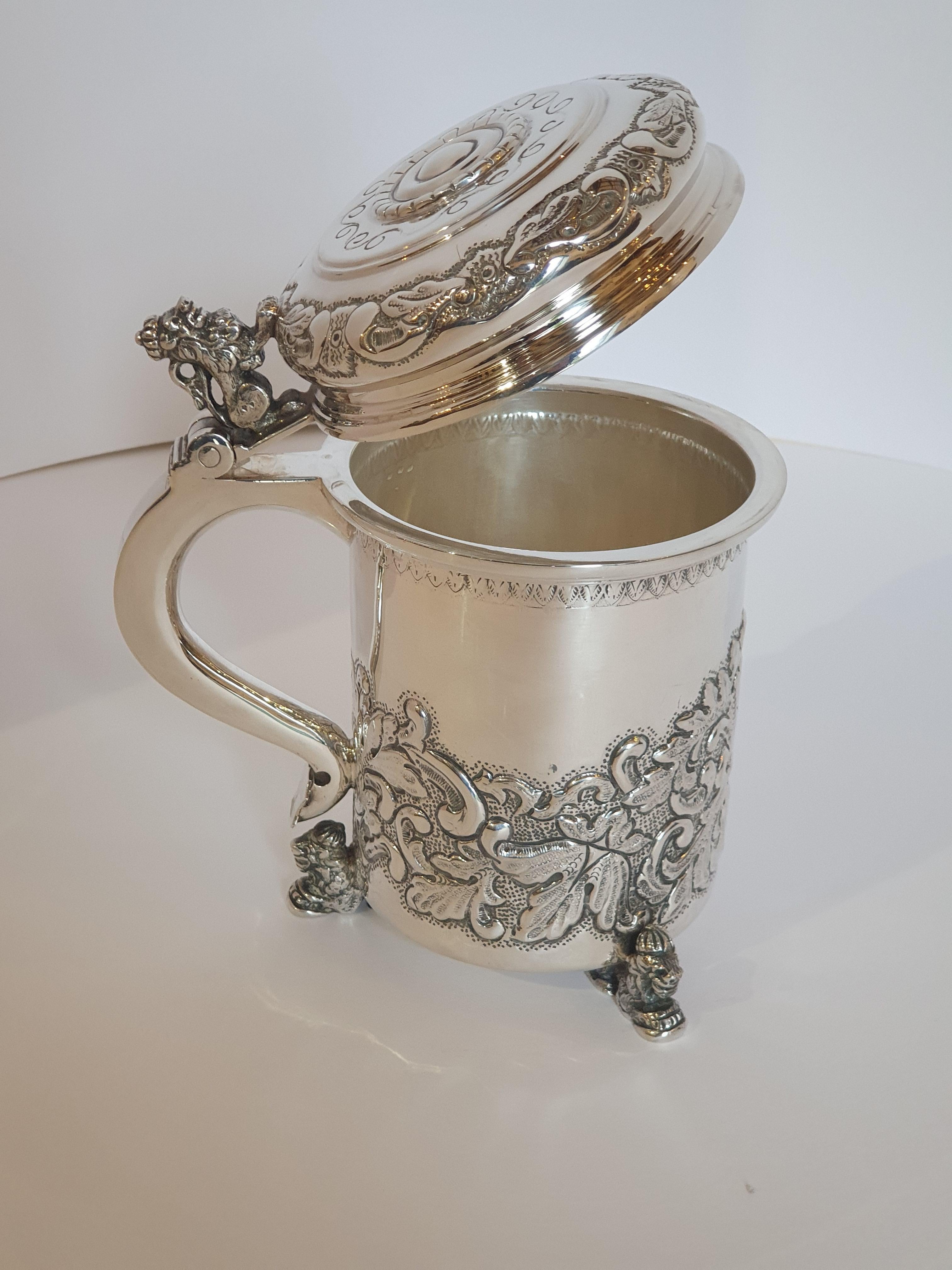 Hand-Crafted 20th Century Silver Tankard with Figural Lion Accents, Hungary, 1996 For Sale
