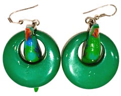 20th Century Silver, Wood & Thermoplastic Swinging Parrot Hoop Earrings