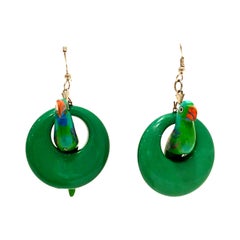 20th Century Silver, Wood & Thermoplastic Swinging Parrot Hoop Earrings