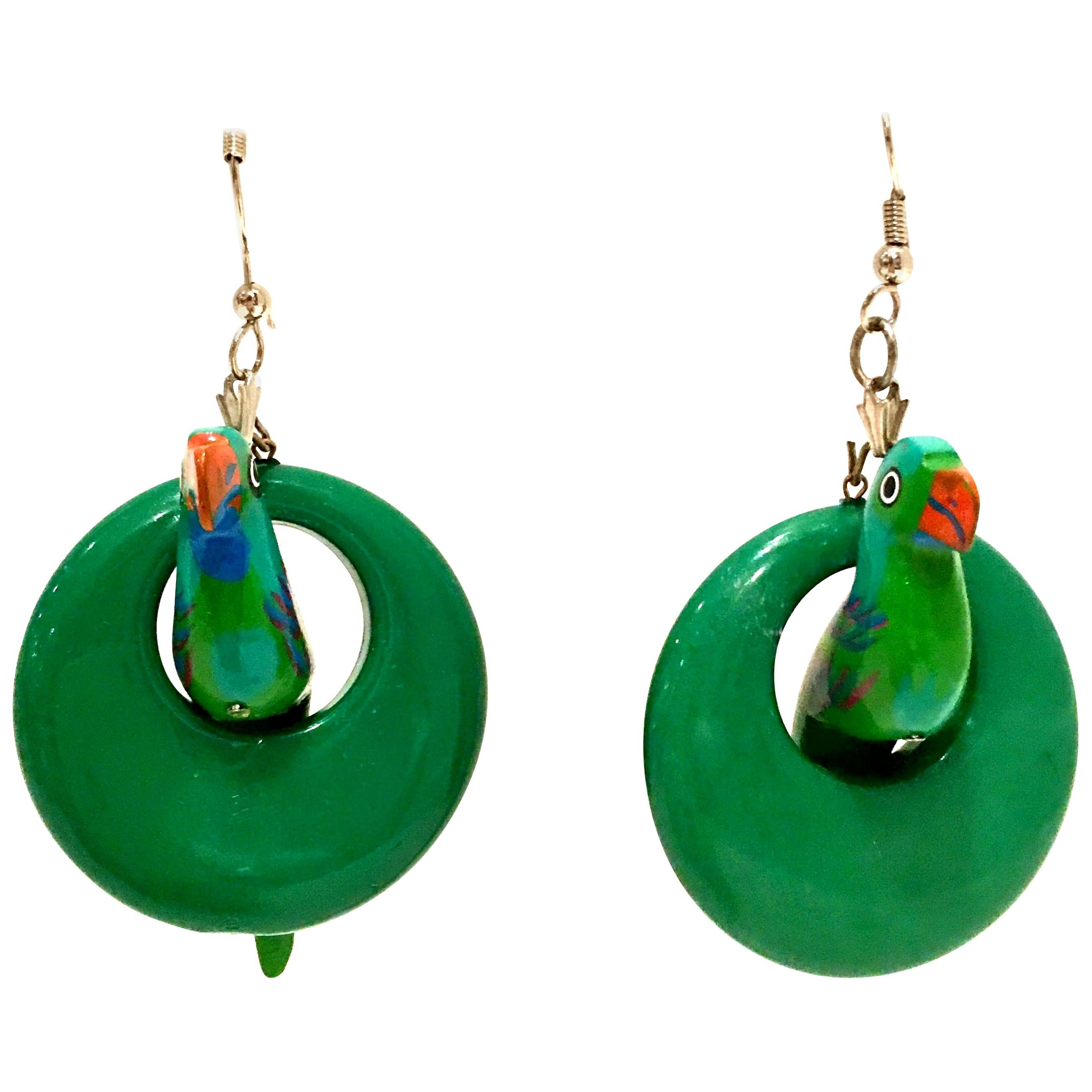 20th Century Silver, Wood & Thermoplastic Swinging Parrot Hoop Earrings For Sale