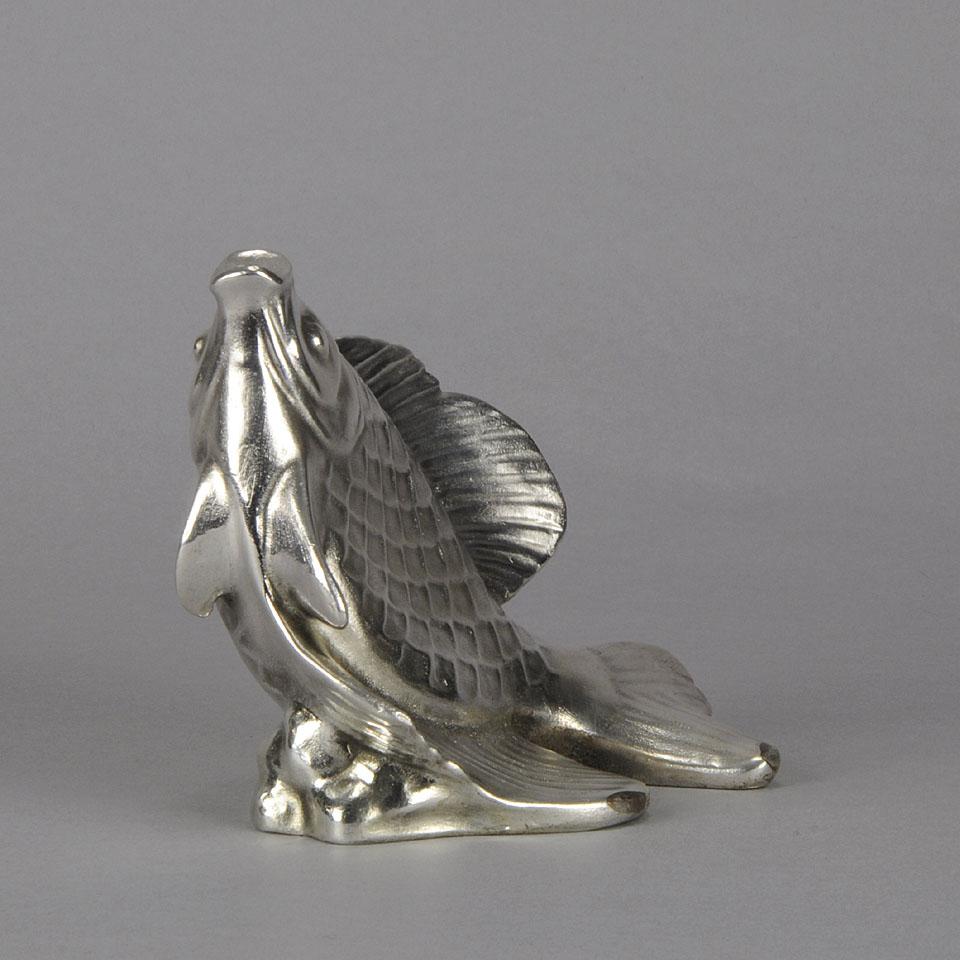 Swiss 20th Century Silverd Bronze Sculpture Entitled Leaping Fish by É M Sandoz For Sale