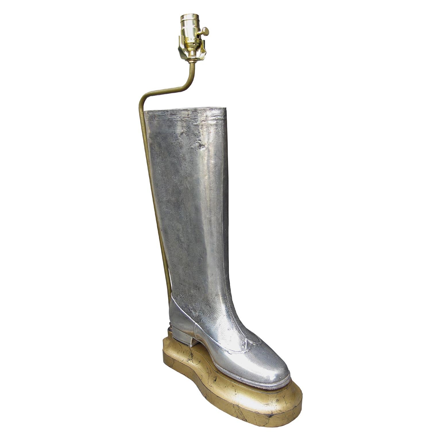 20th Century Silvered Boot as Lamp on Custom Giltwood Base
