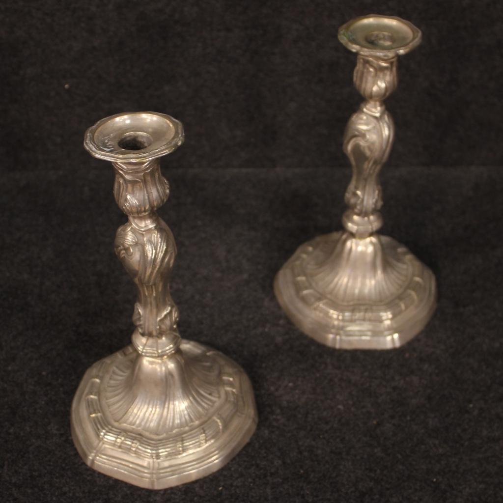 Pair of 20th Century Silvered Metal Italian Candelabras, 1950 For Sale 3