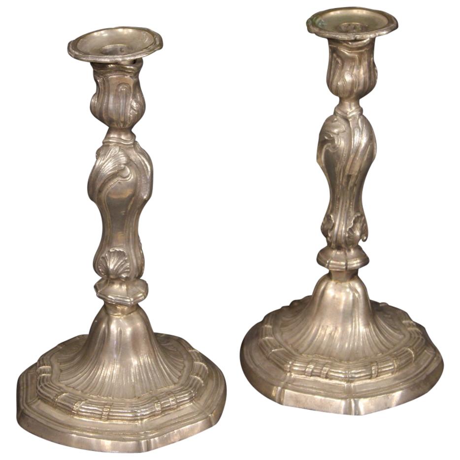 Pair of 20th Century Silvered Metal Italian Candelabras, 1950 For Sale
