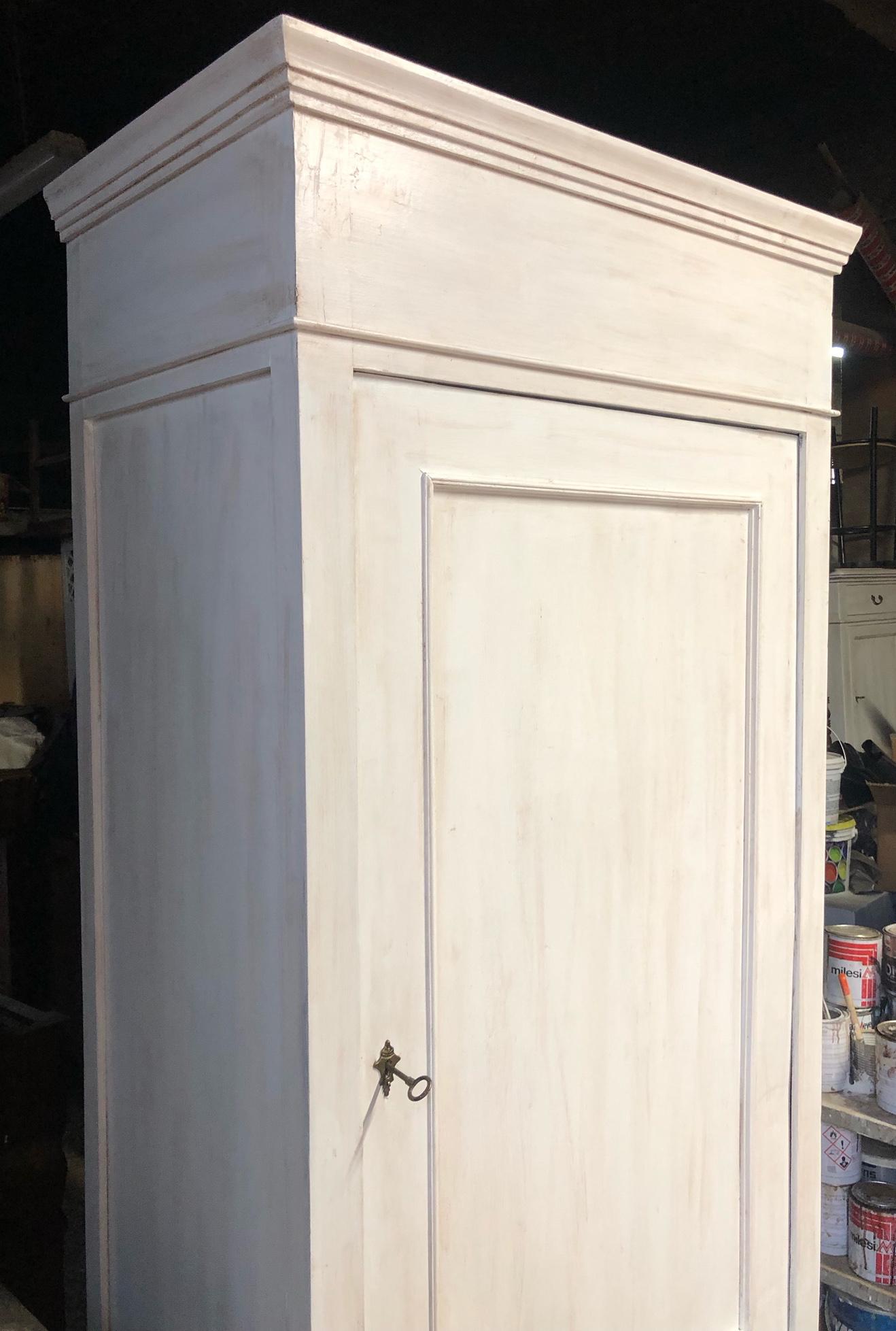 20th Century Single Door Wardrobe in Fir, Patinated White, with External Drawer 1
