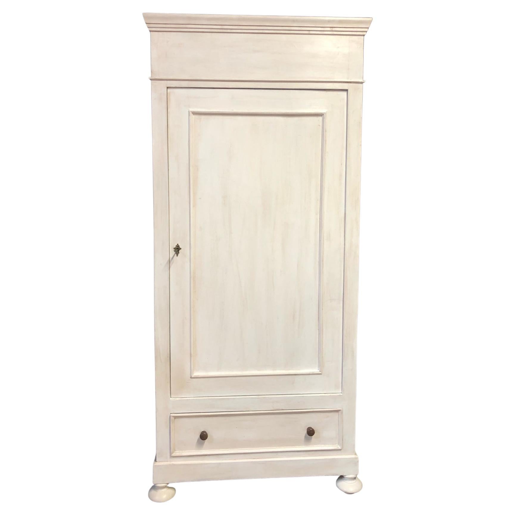20th Century Single Door Wardrobe in Fir, Patinated White, with External Drawer