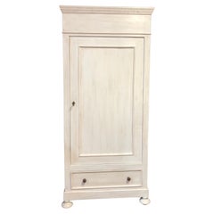 Vintage 20th Century Single Door Wardrobe in Fir, Patinated White, with External Drawer