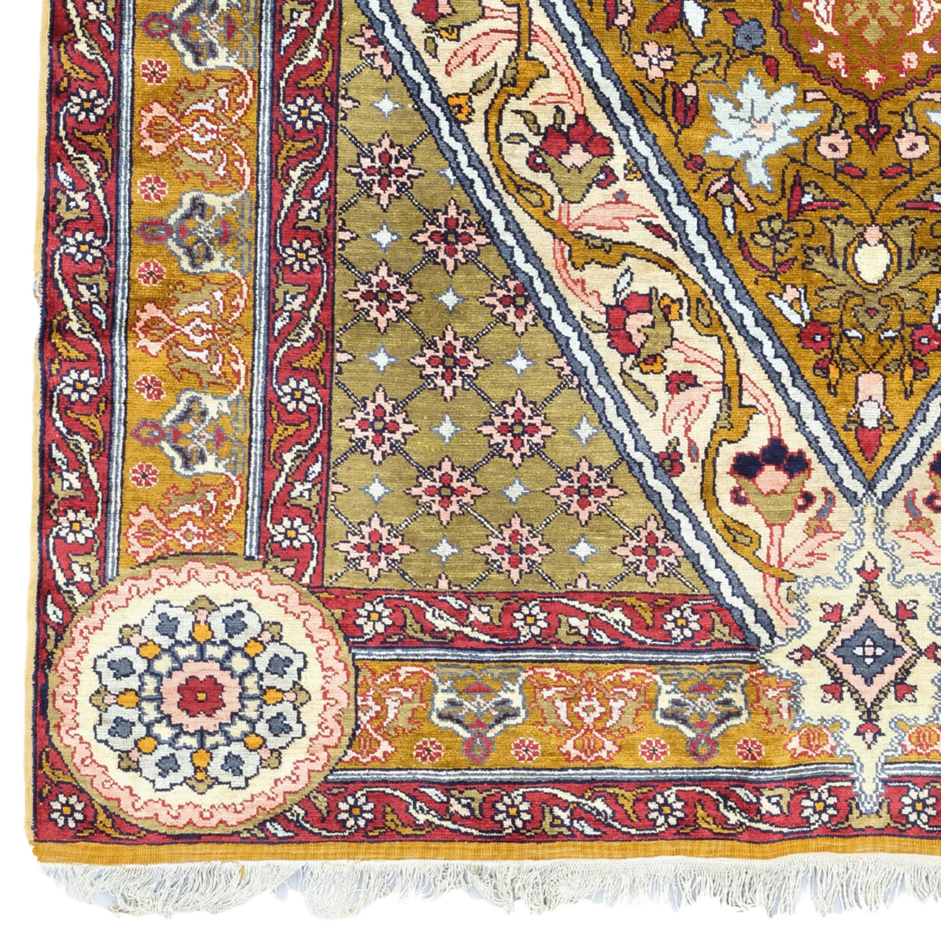 20th Century Sivas Silk Rug

Art Woven with the Elegance of Time This vintage silk Sivas carpet is a work of art woven with rich and deep colors from the early 20th century. The central medallion and surrounding floral motifs reflect the