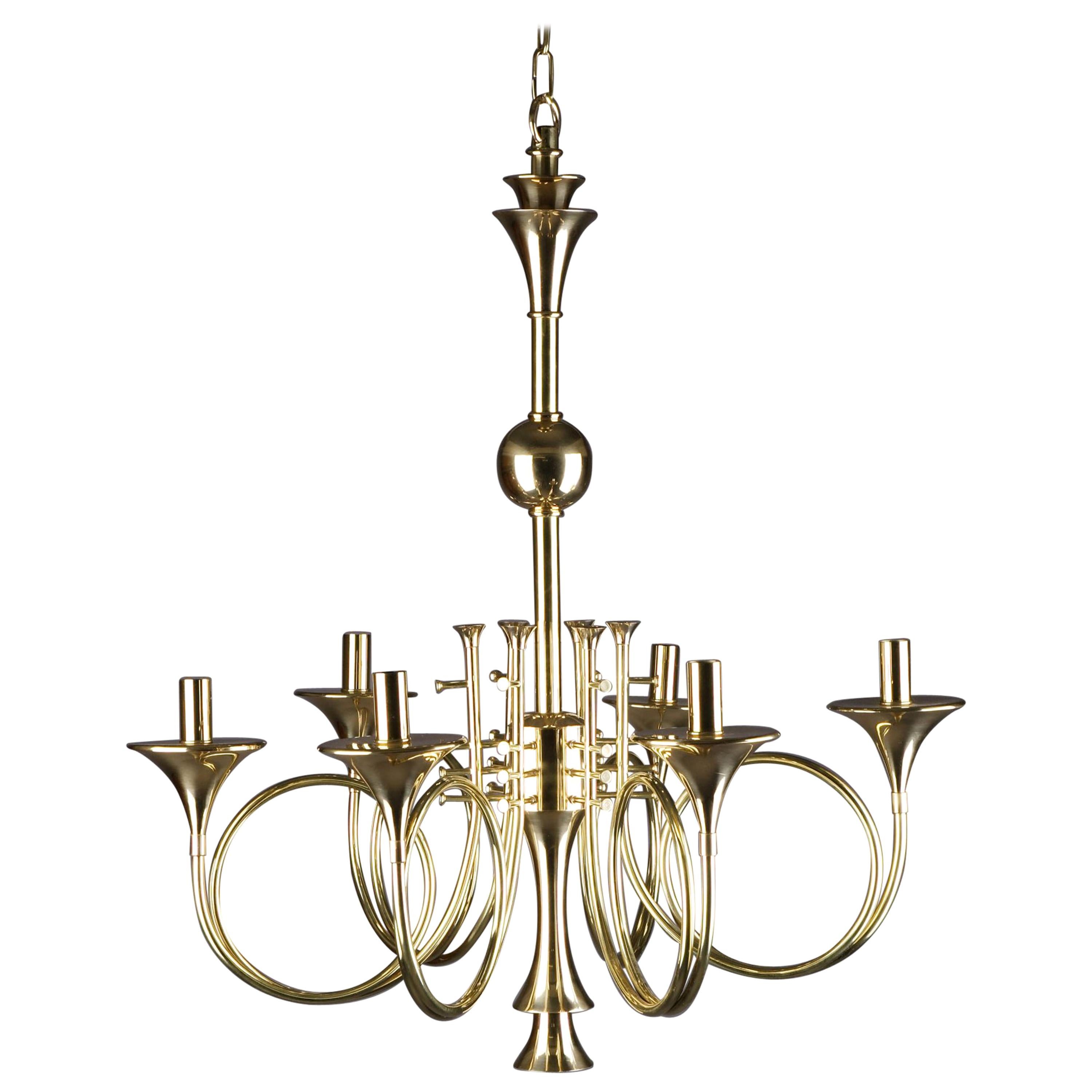 20th Century Six Hunting Horns Ceiling Candelabrum For Sale