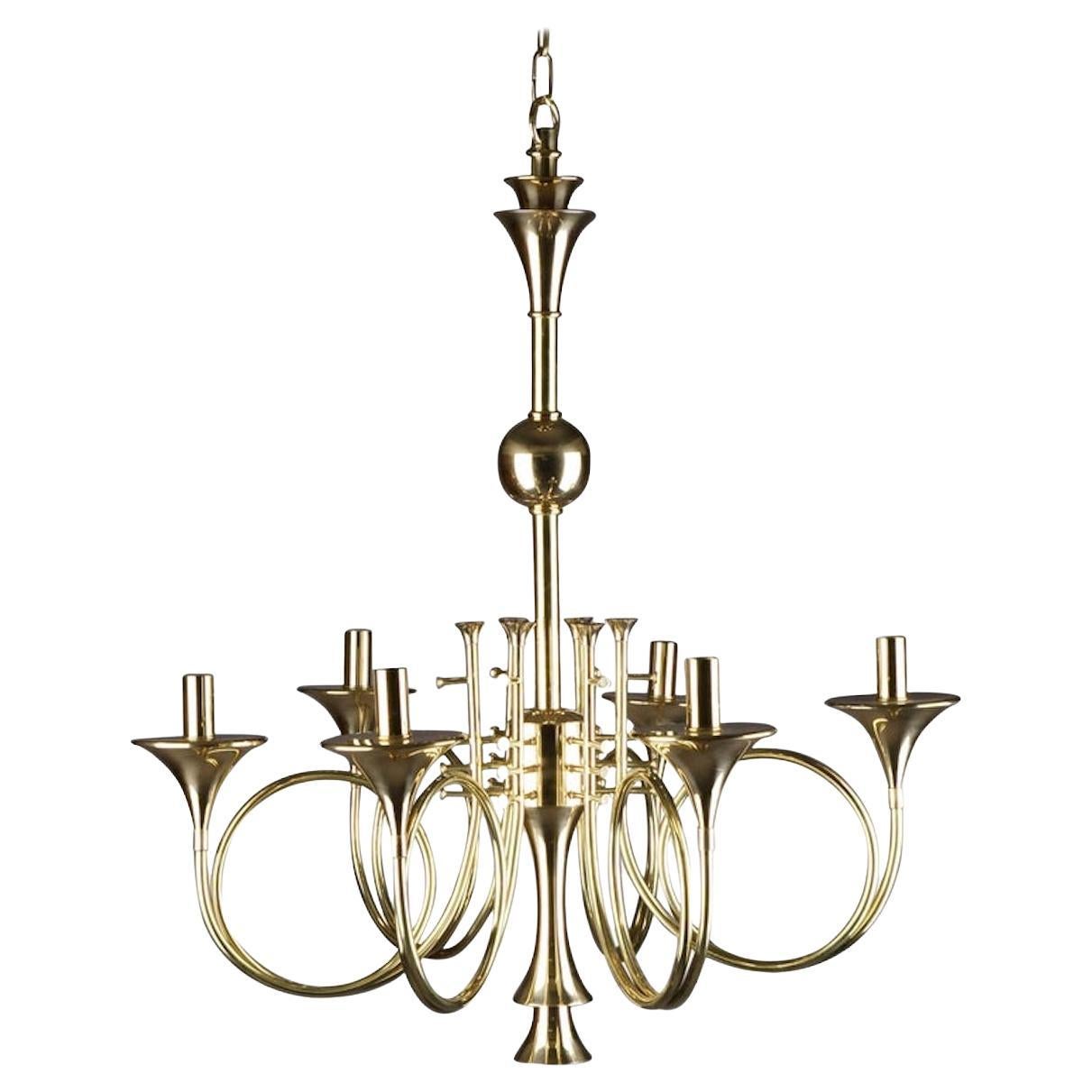 Candelabro da soffitto a sei corni da caccia del XX secolo in vendita