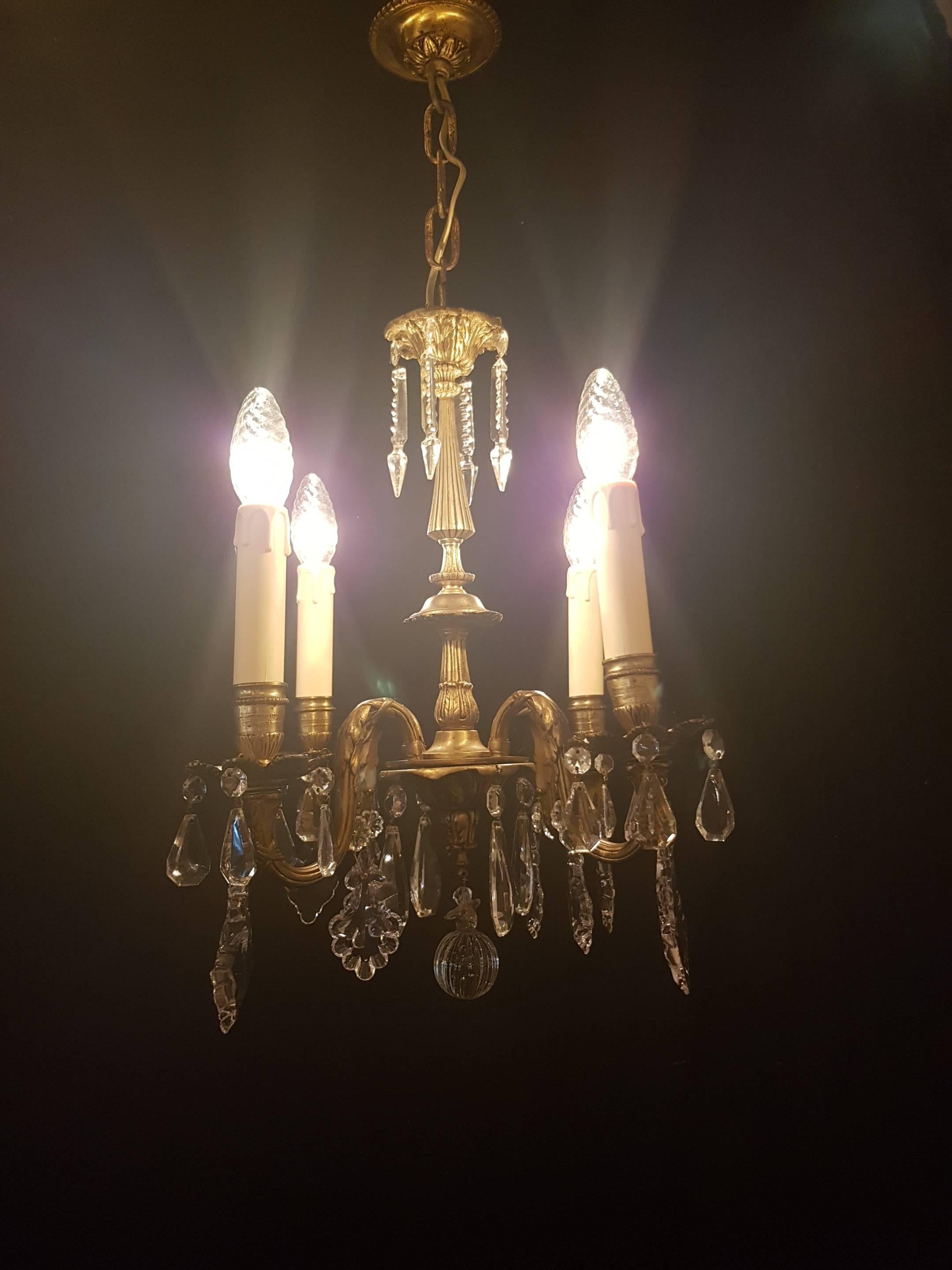20th Century Small Bronze and Crystal Chandelier In Good Condition For Sale In Oldebroek, NL