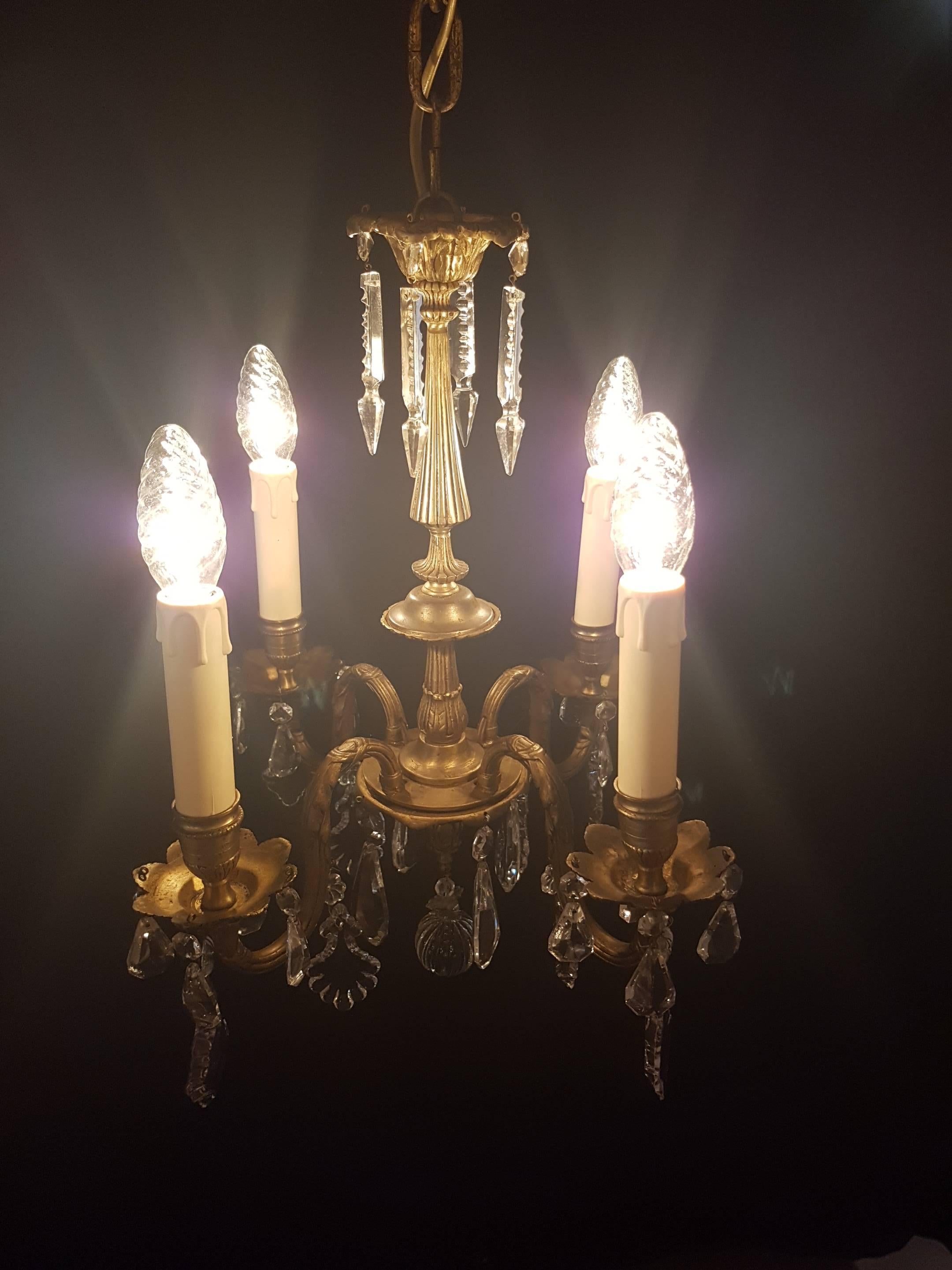 Mid-20th Century 20th Century Small Bronze and Crystal Chandelier For Sale