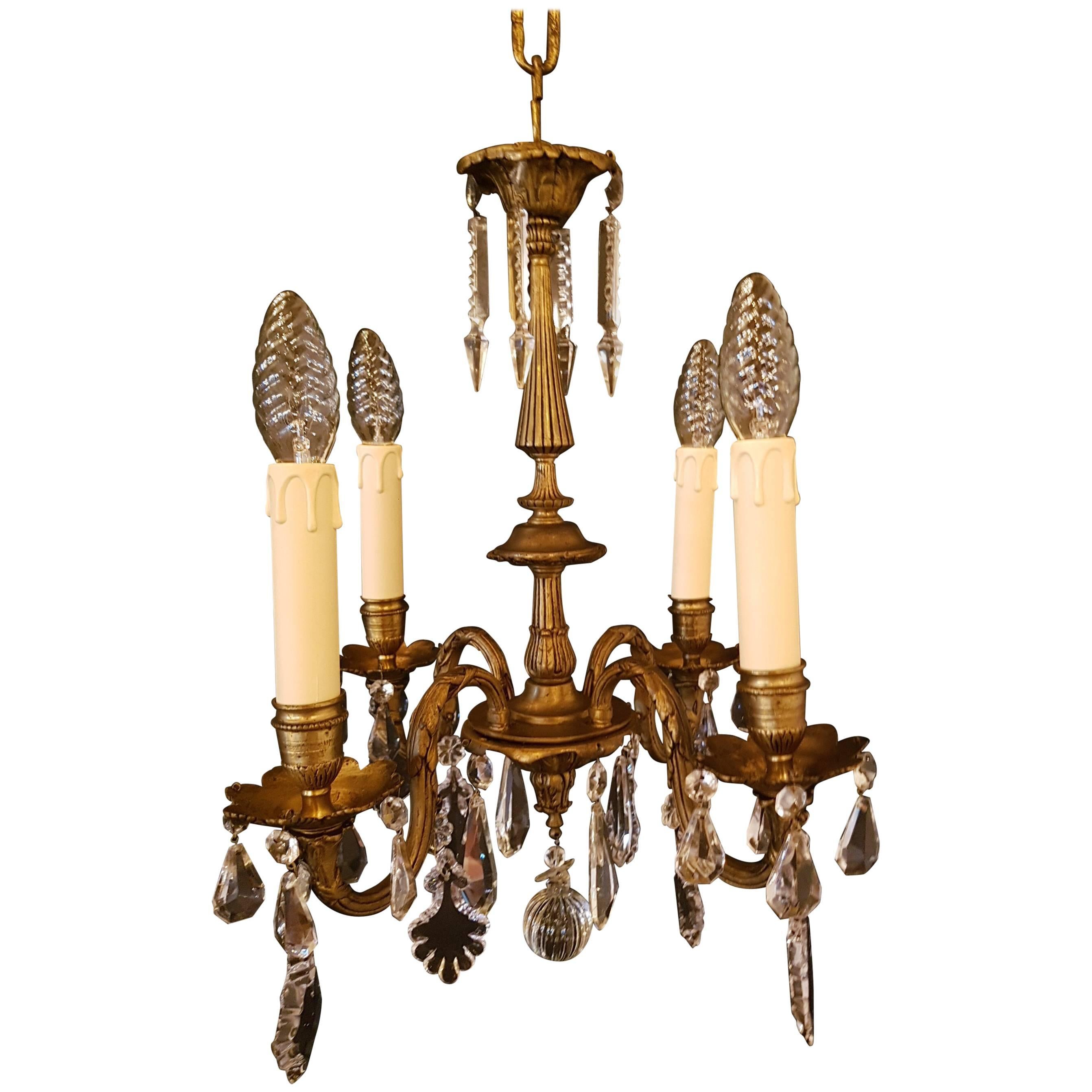 20th Century Small Bronze and Crystal Chandelier For Sale
