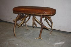 20th Century Small Brown Leather Top Stag Horn Bench