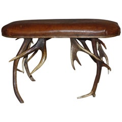 20th Century Small Brown Leather Top Stag Horn Bench