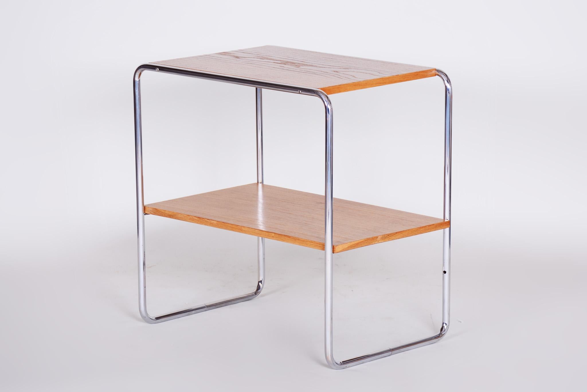 Mid-20th Century 20th Century Small Czech Restored Chrome Bauhaus Table, Oakwood, 1930s