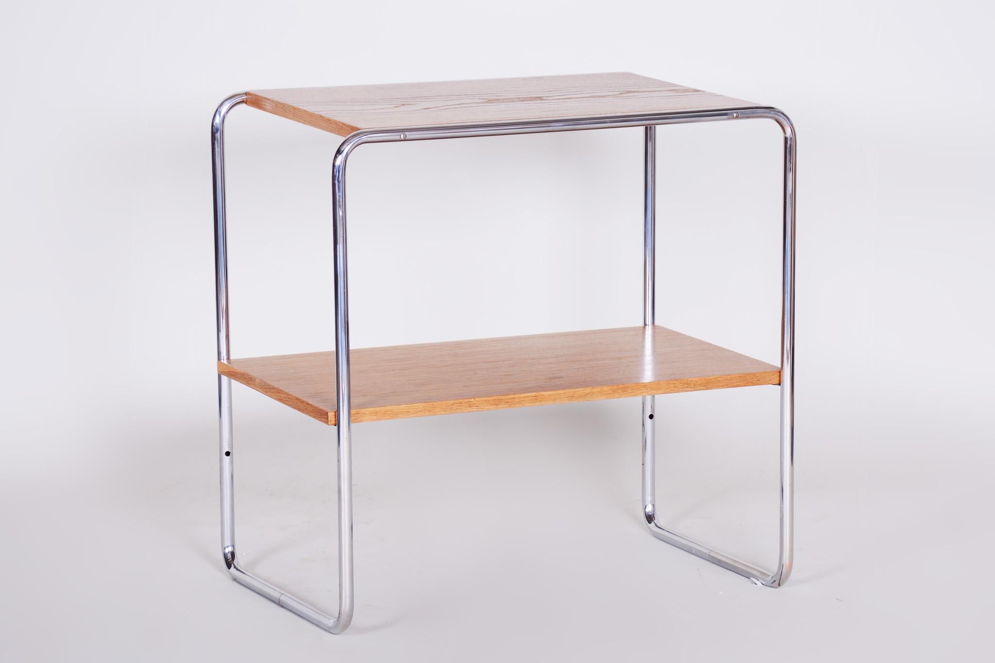 20th Century Small Czech Restored Chrome Bauhaus Table, Oakwood, 1930s 1