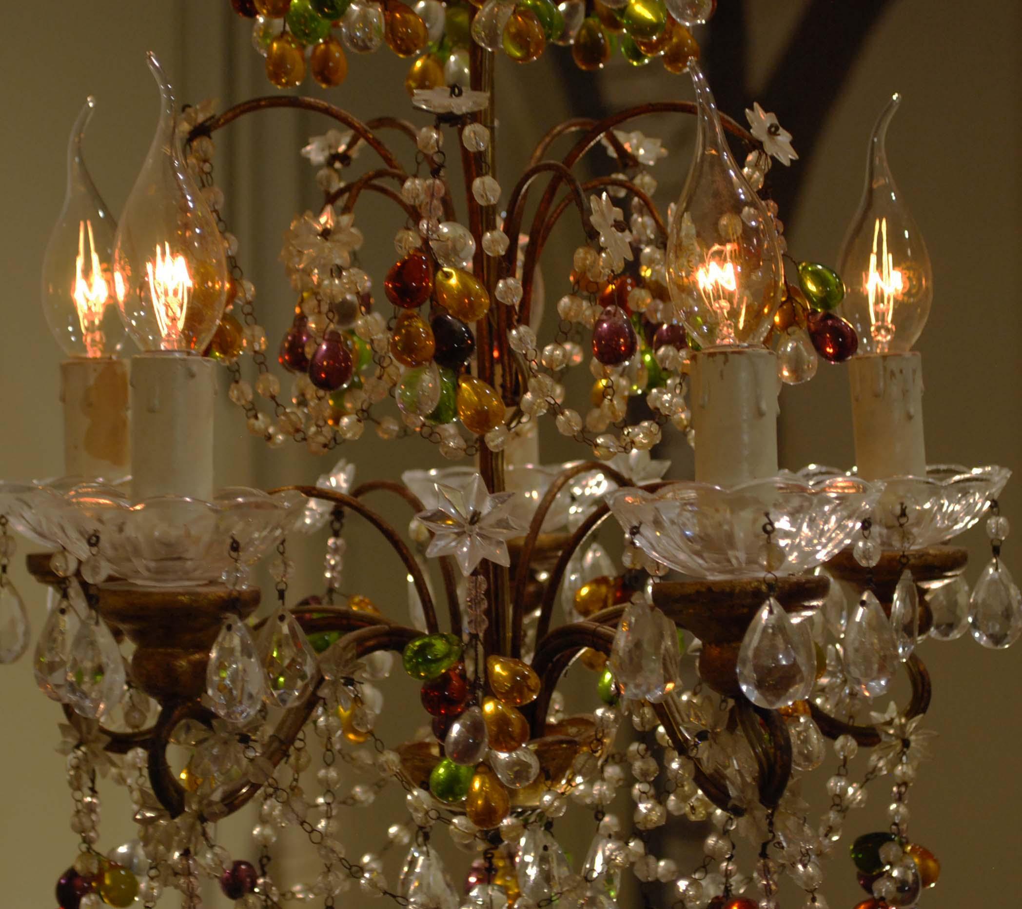 Steel 20th Century Small Five-Light Italian Multicolored Crystal Chandelier
