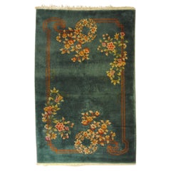 20th Century Small Floreal Green Chinese Deco Handmade Rug, ca 1920-1940