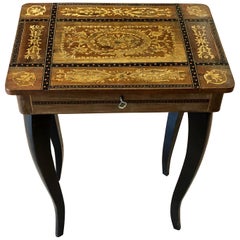 Antique 20th Century Small Inlaid Side Table with Jewelry Compartment and Music Box